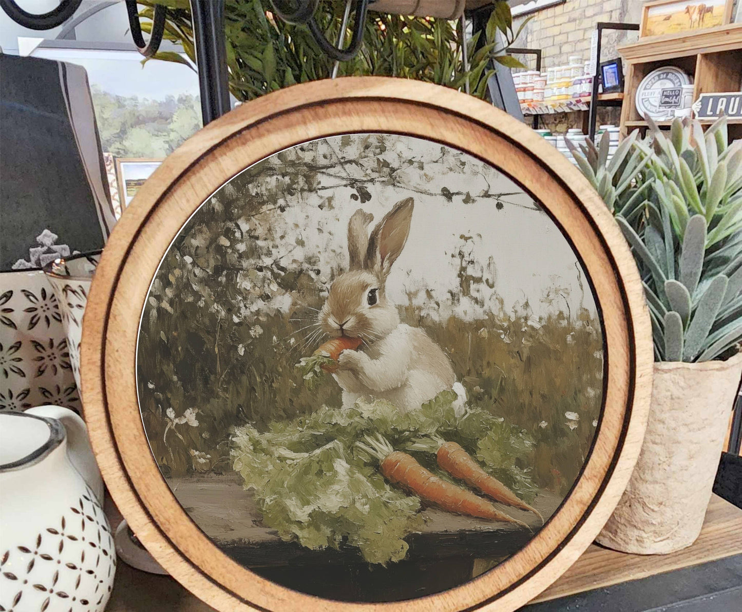 Bunny With Carrots Art, Feathered Farmhouse