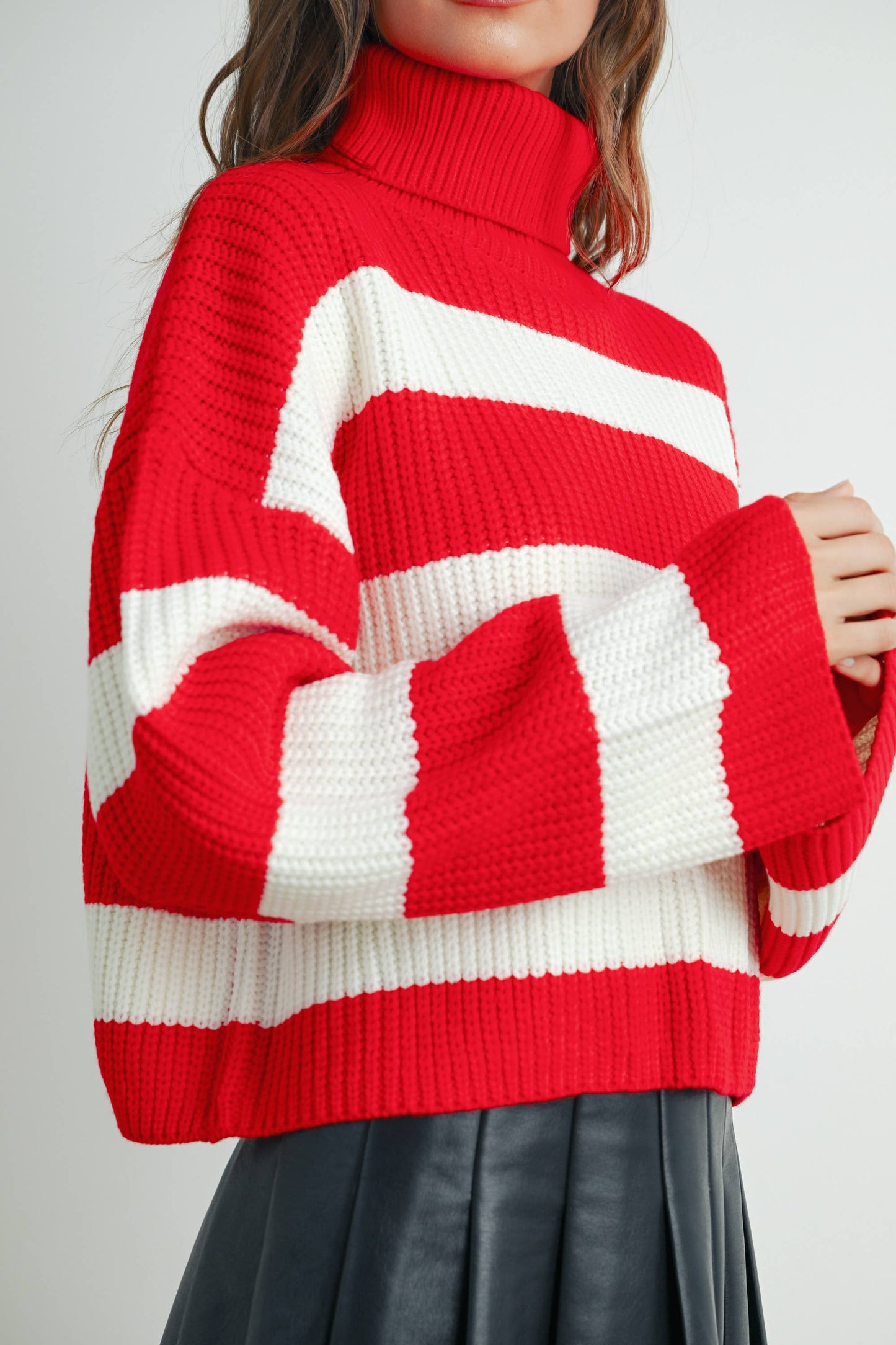 Striped Turtleneck Pullover Sweater, Feathered Farmhouse