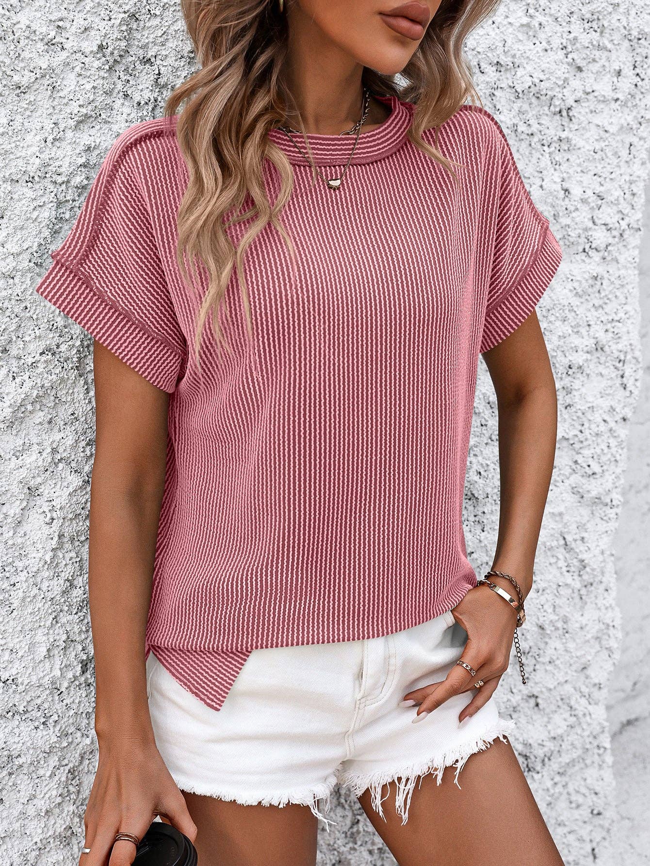 Backstitch Strip Knit Casual Top, Feathered Farmhouse