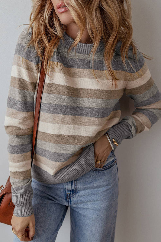 Stripe Colorblock Ribbed Trim Sweater, Feathered Farmhouse