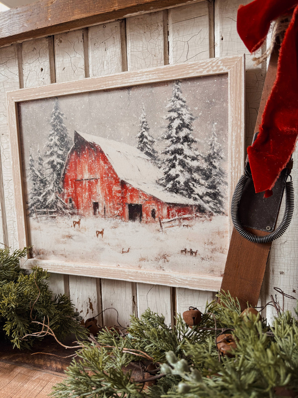 Red Barn in Winter Wood Sign, The Feathered Farmhouse