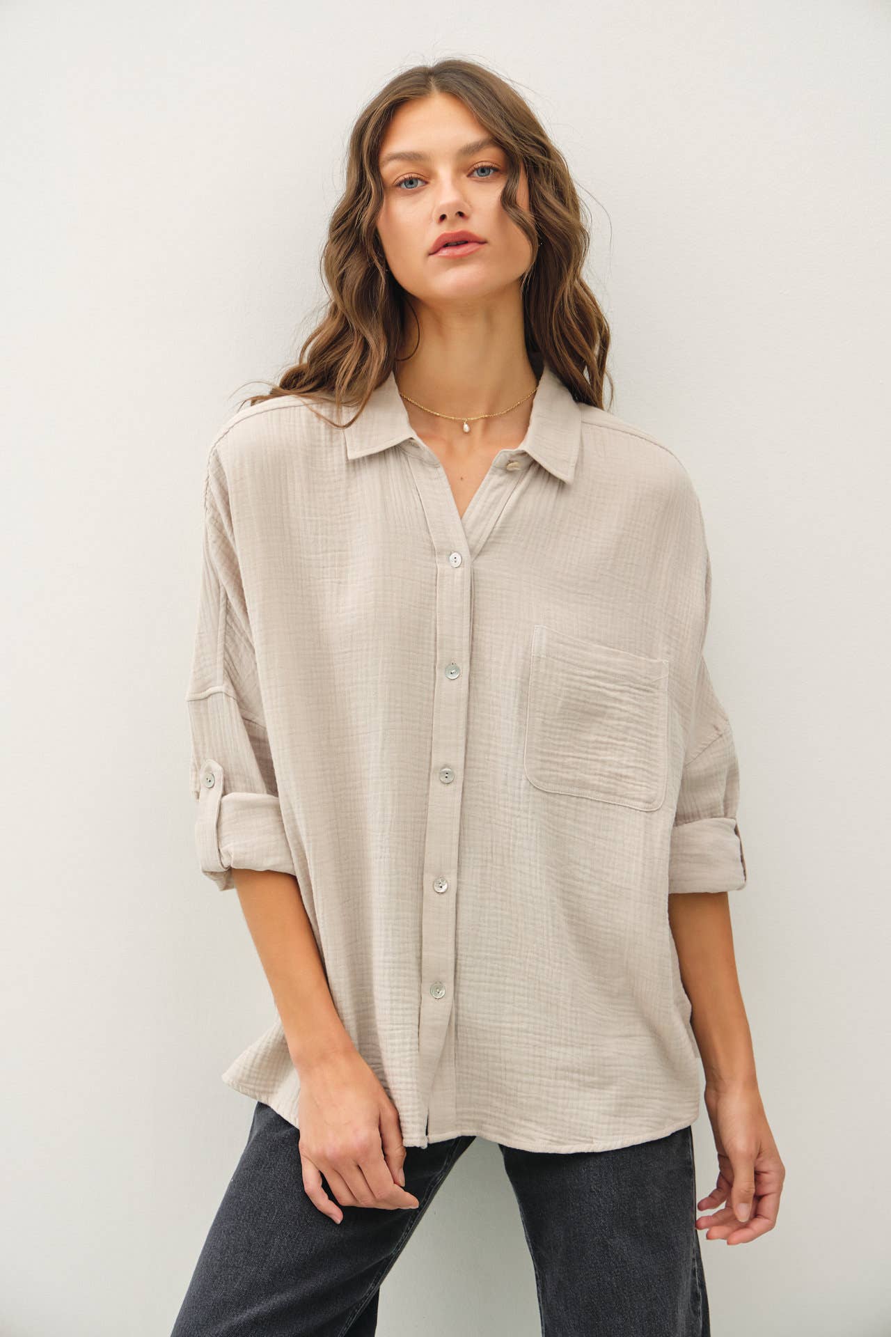 Cotton Gauze Roll Up Sleeve Button Down Shirt, Feathered Farmhouse