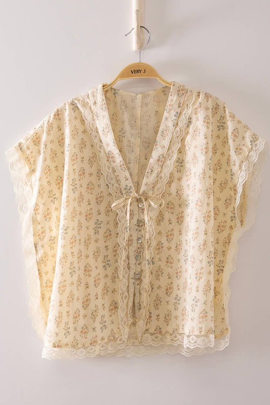 Romantic Floral Lace Tie Blouse, Feathered Farmhouse
