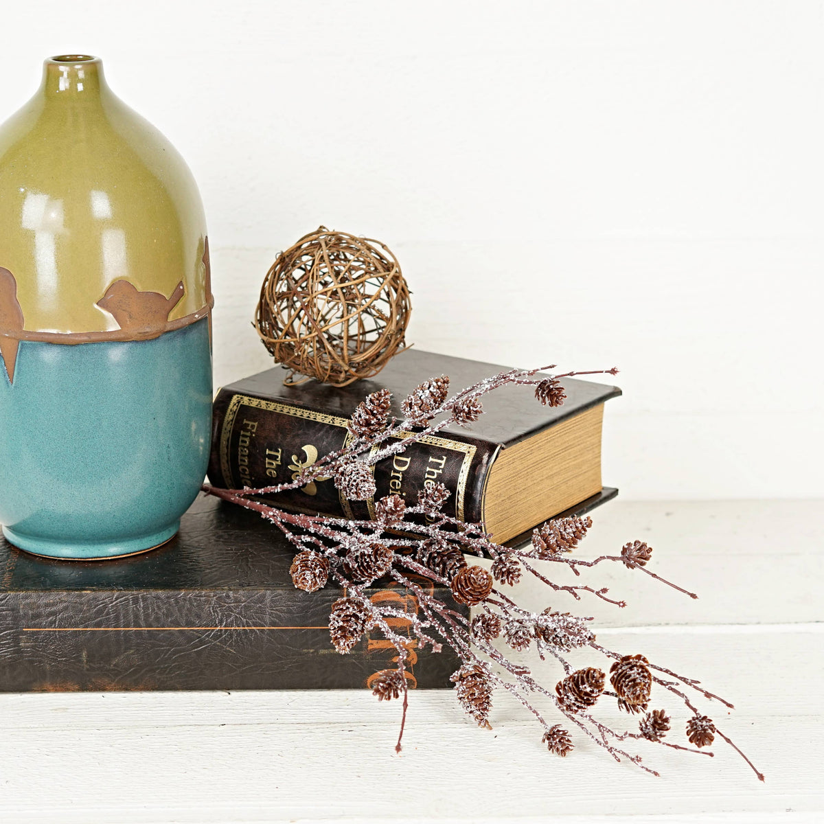 Mixed Snowy Sparkle with Birchcones Stem, Feathered Farmhouse