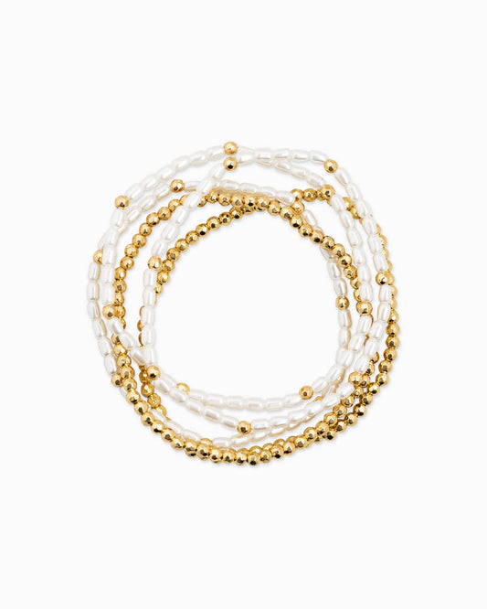 Simple Gold Ball and Pearl Stretch Bracelet Set, Feathered Farmhouse