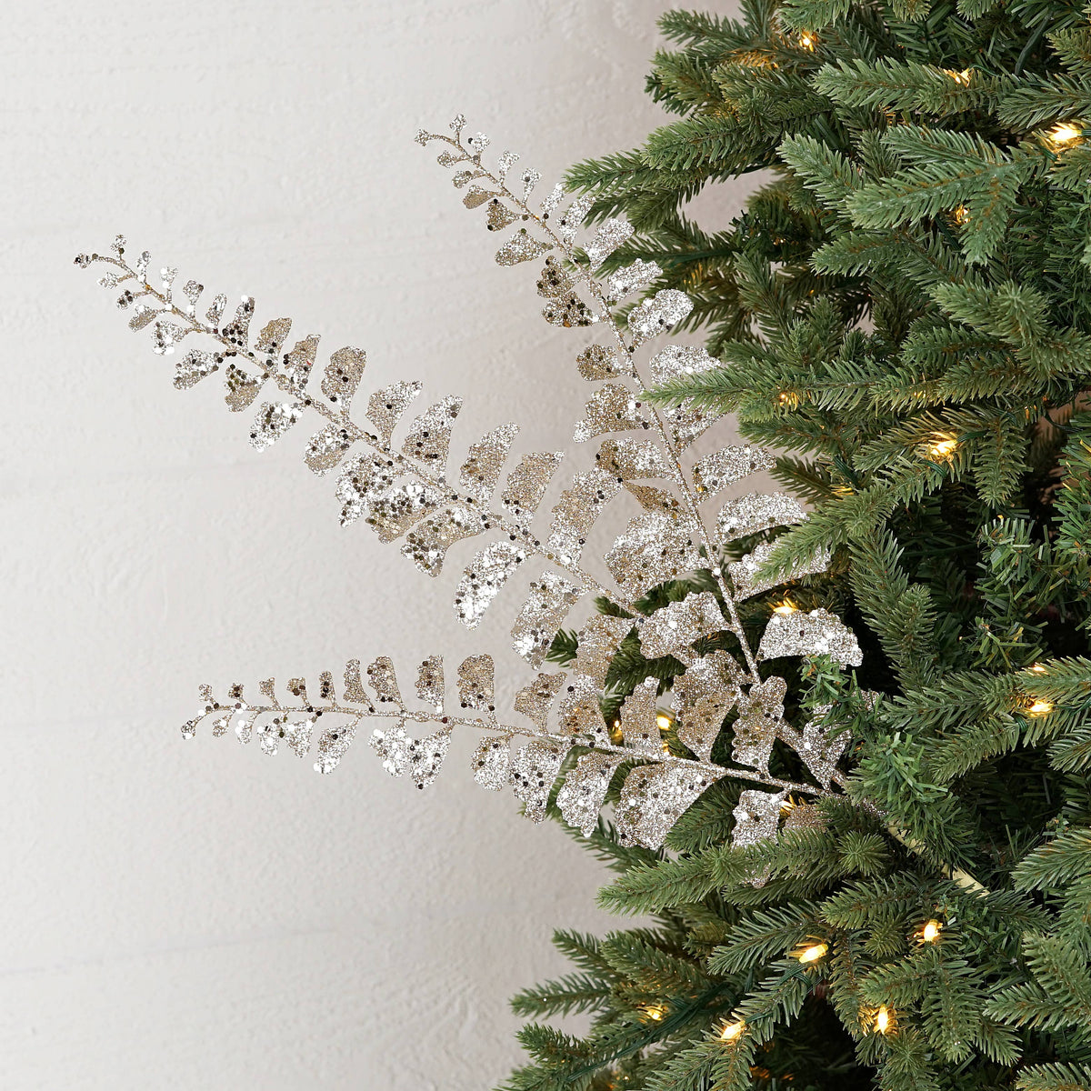 Champagne Glittered Fern Branch, Feathered Farmhouse