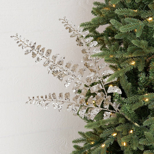 Champagne Glittered Fern Branch, Feathered Farmhouse