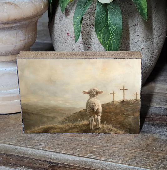 Three Crosses Lamb Printed Block, Feathered Farmhouse