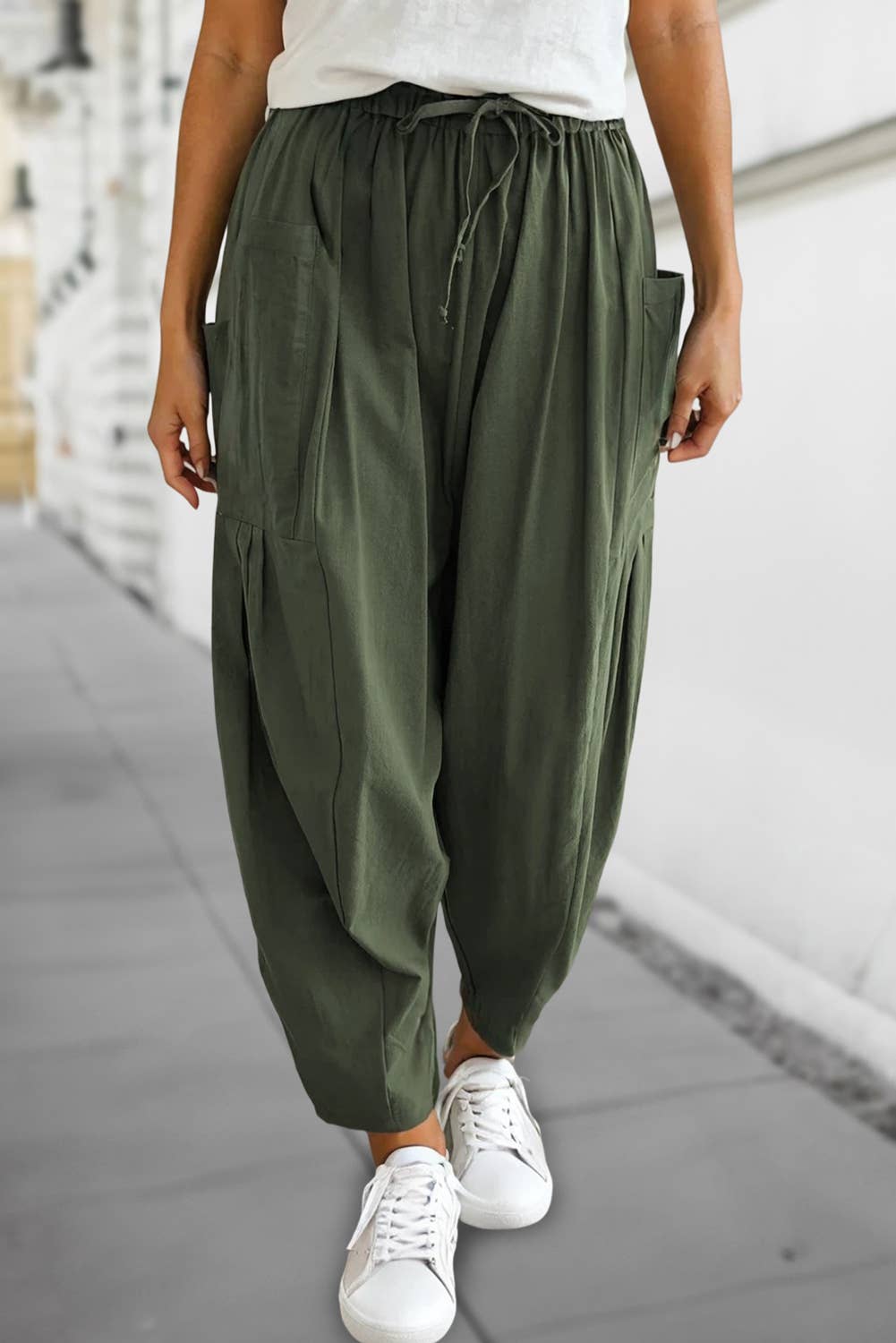 Casual Elastic Waist Pocket Barrel Leg Pants, Feathered Farmhouse