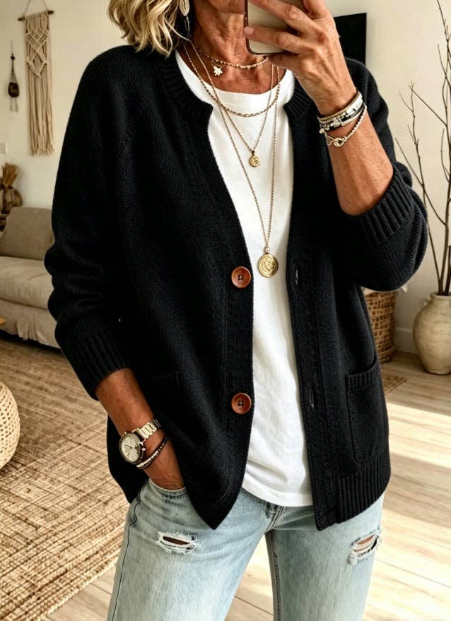 Black Button Front Crew Neck Knit Cardigan, Feathered Farmhouse