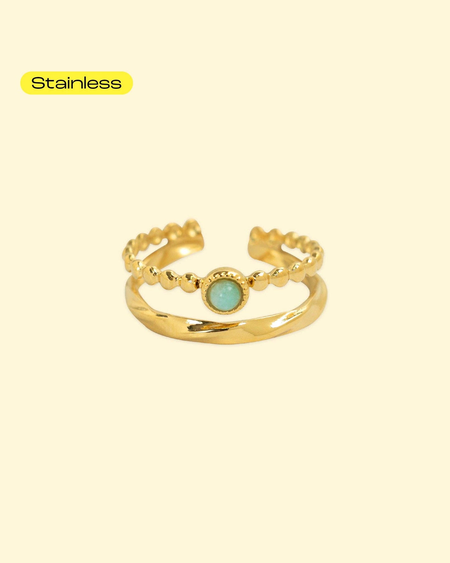 Stainless Emerald Aventurine Open Cuff Ring, Feathered Farmhouse