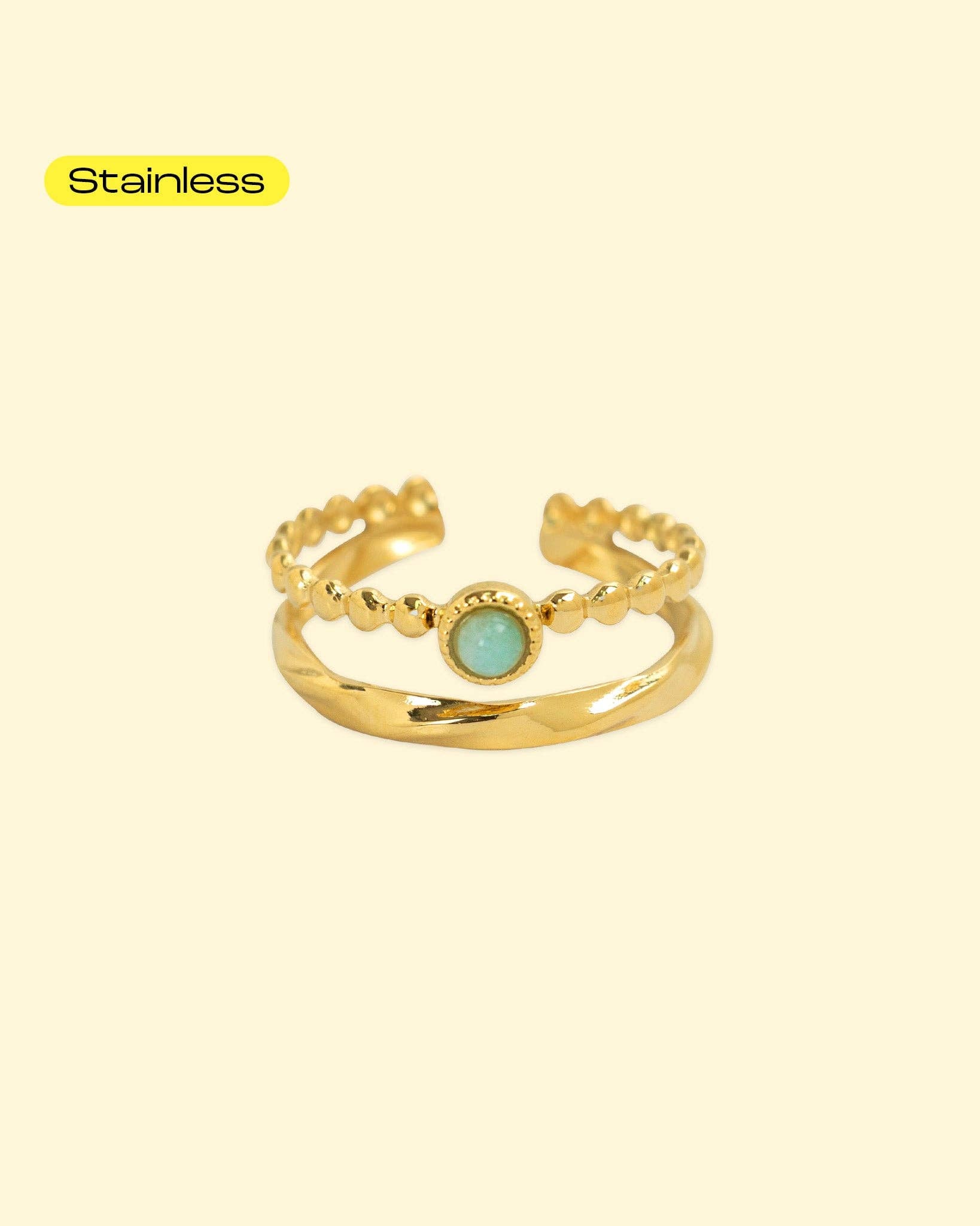 Stainless Emerald Aventurine Open Cuff Ring, Feathered Farmhouse