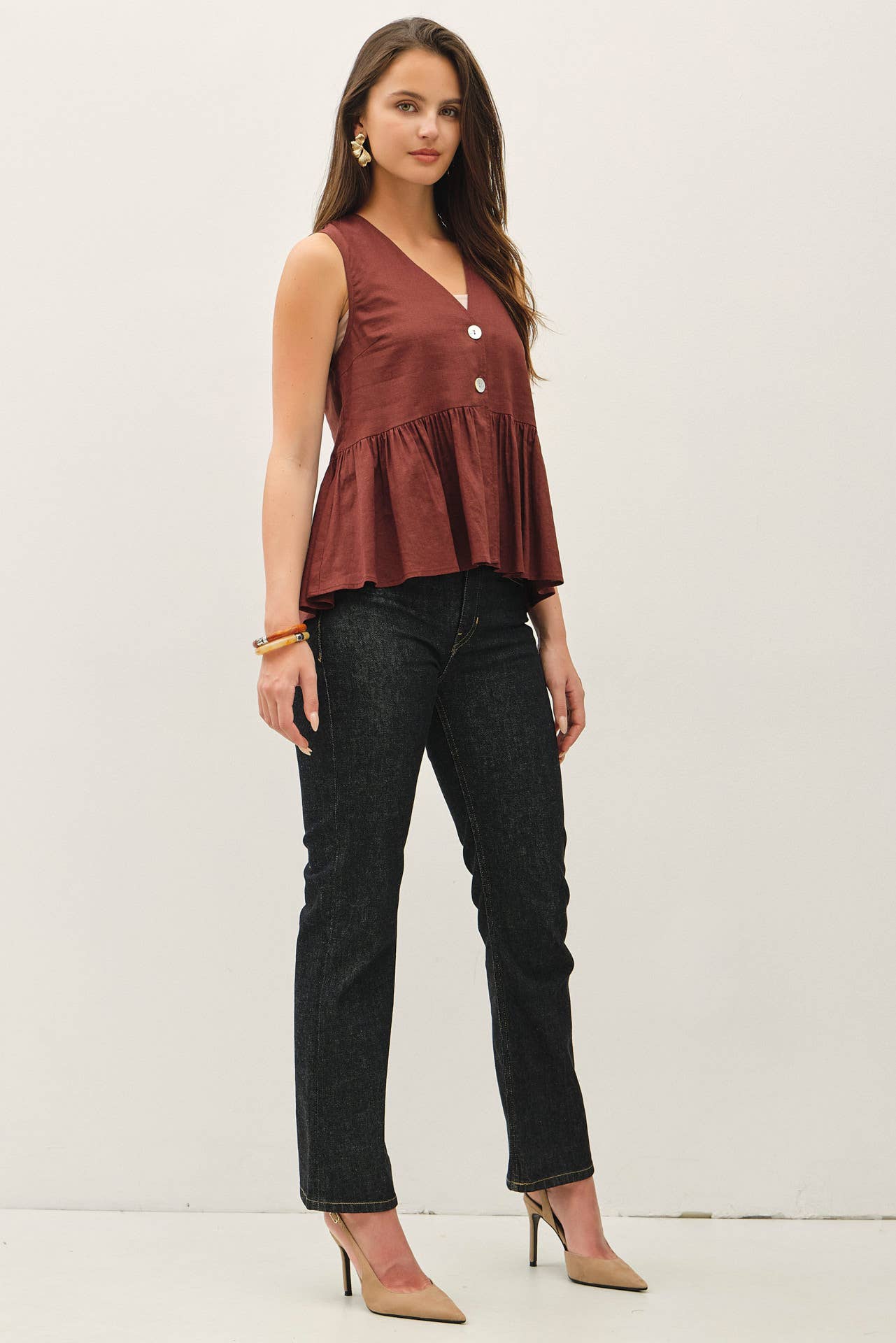 Airy Woven Linen Blend Peplum Top, Feathered Farmhouse