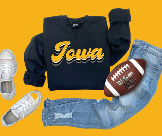 Iowa Retro Script Black Graphic Sweatshirt, Feathered Farmhouse