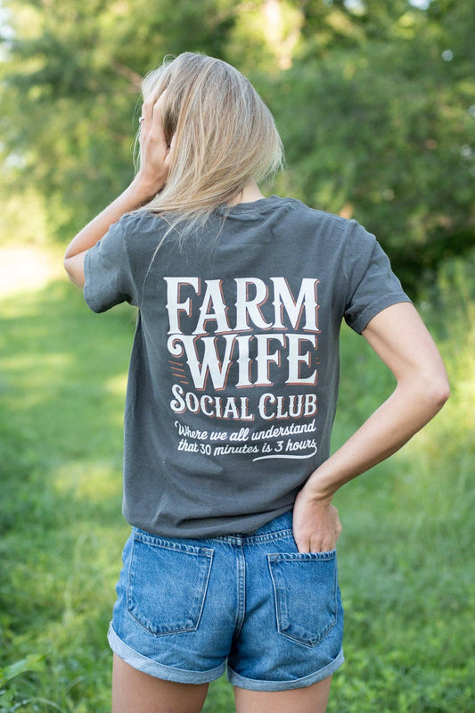 Western 'Farm Wife Social Club' Charcoal Graphic Women's Tee, Feathered Farmhouse