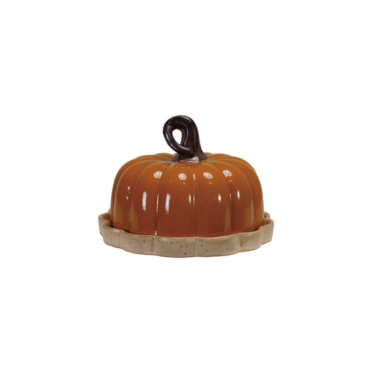 Stoneware Pumpkin Shaped Butter Dish with Stem Handle, Feathered Farmhouse