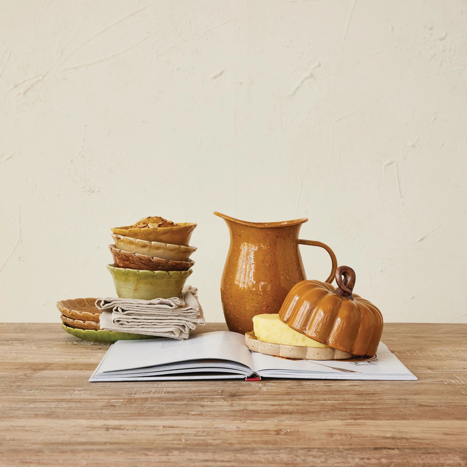 Stoneware Pumpkin Shaped Butter Dish with Stem Handle, Feathered Farmhouse