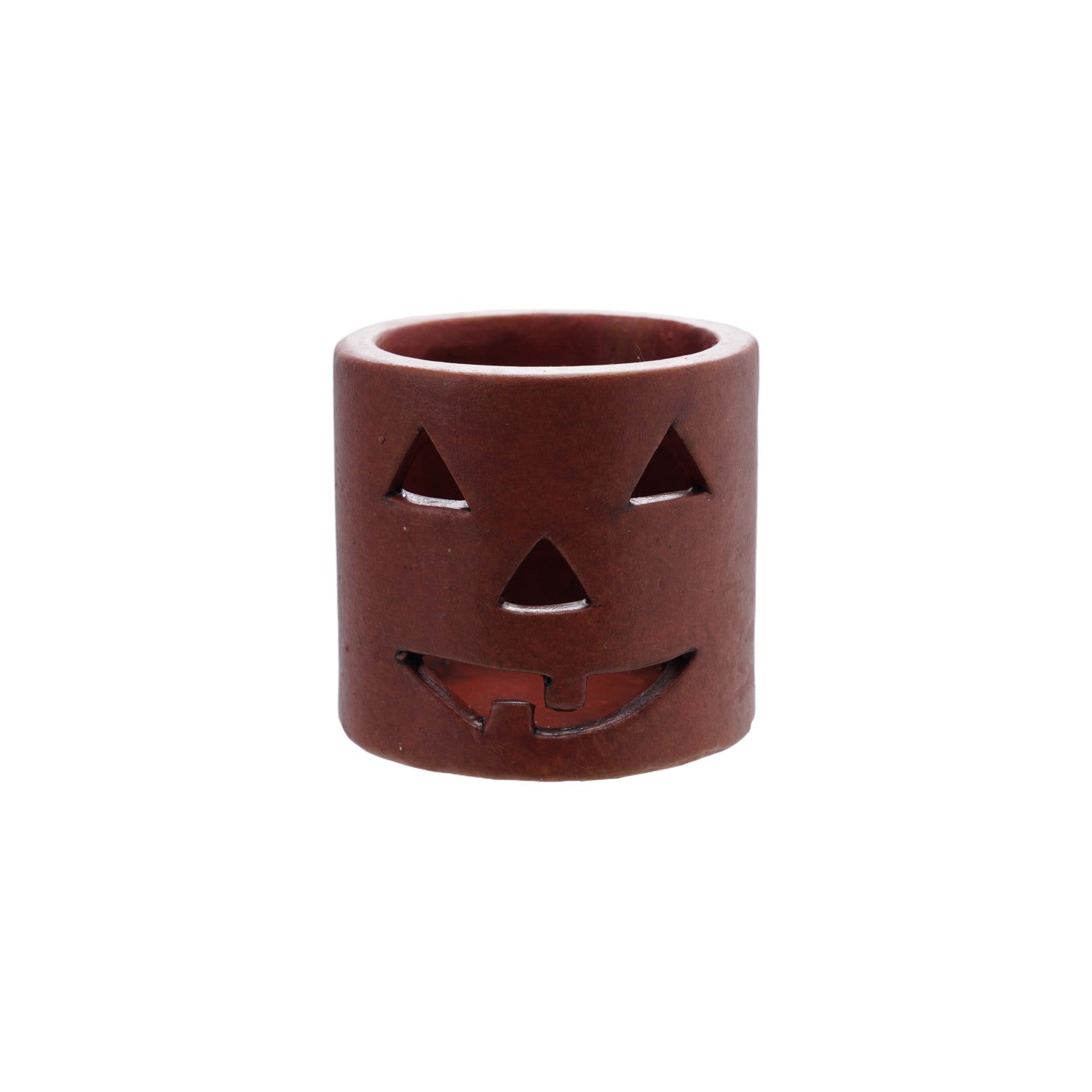 Terra-cotta Tealight/Votive Holder with Cut-Out Jack-O-Lantern Face, Feathered Farmhouse