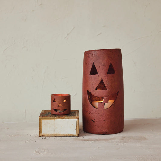 Terra-cotta Tealight/Votive Holder with Cut-Out Jack-O-Lantern Face, Feathered Farmhouse