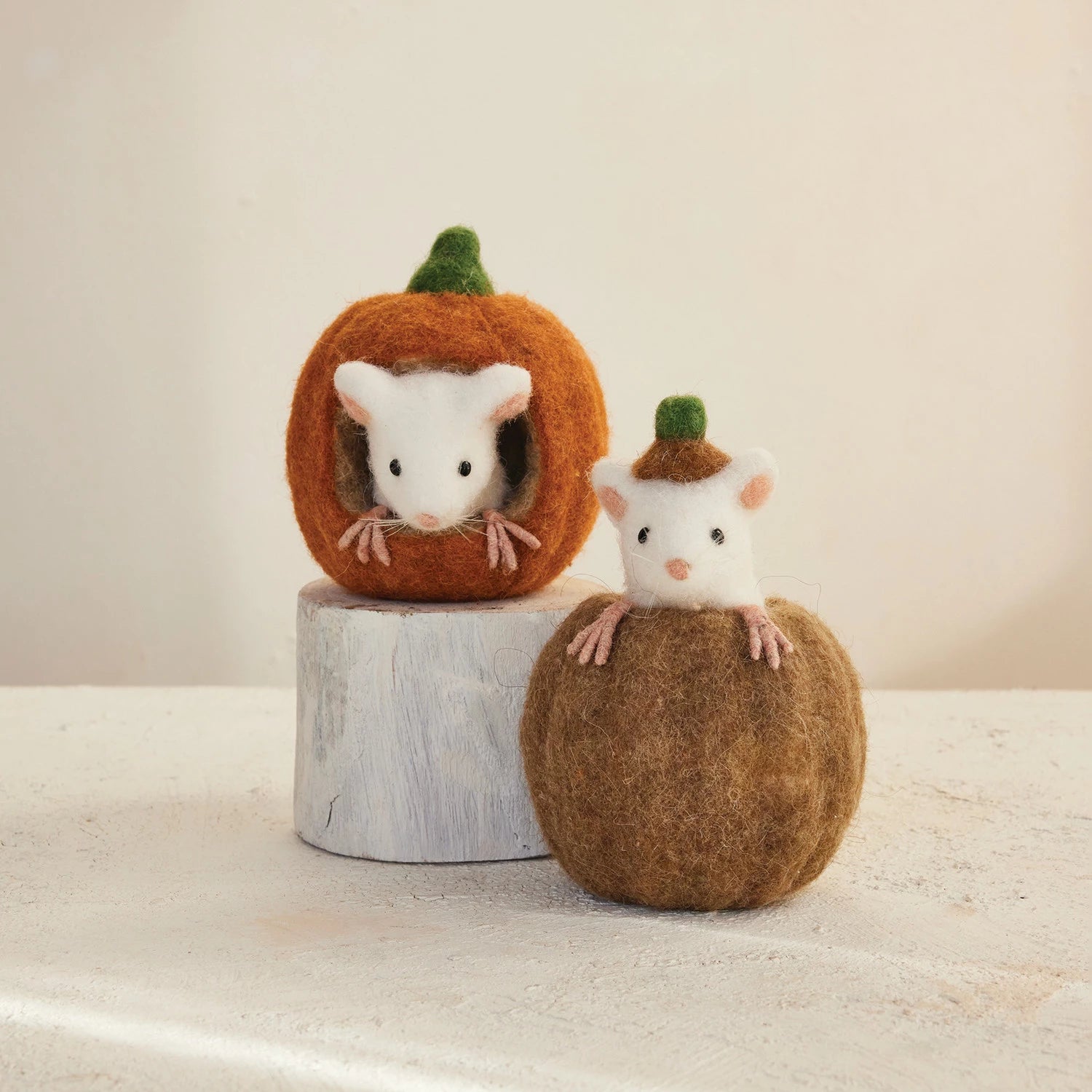 Handmade Wool Felt Pumpkin & Mouse, Feathered Farmhouse
