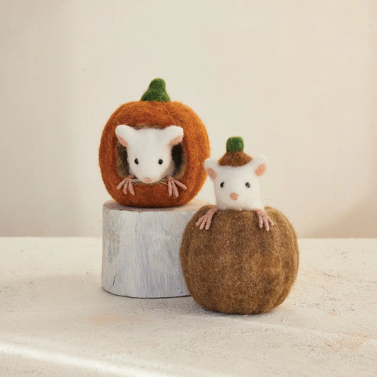 Handmade Wool Felt Pumpkin & Mouse, Feathered Farmhouse
