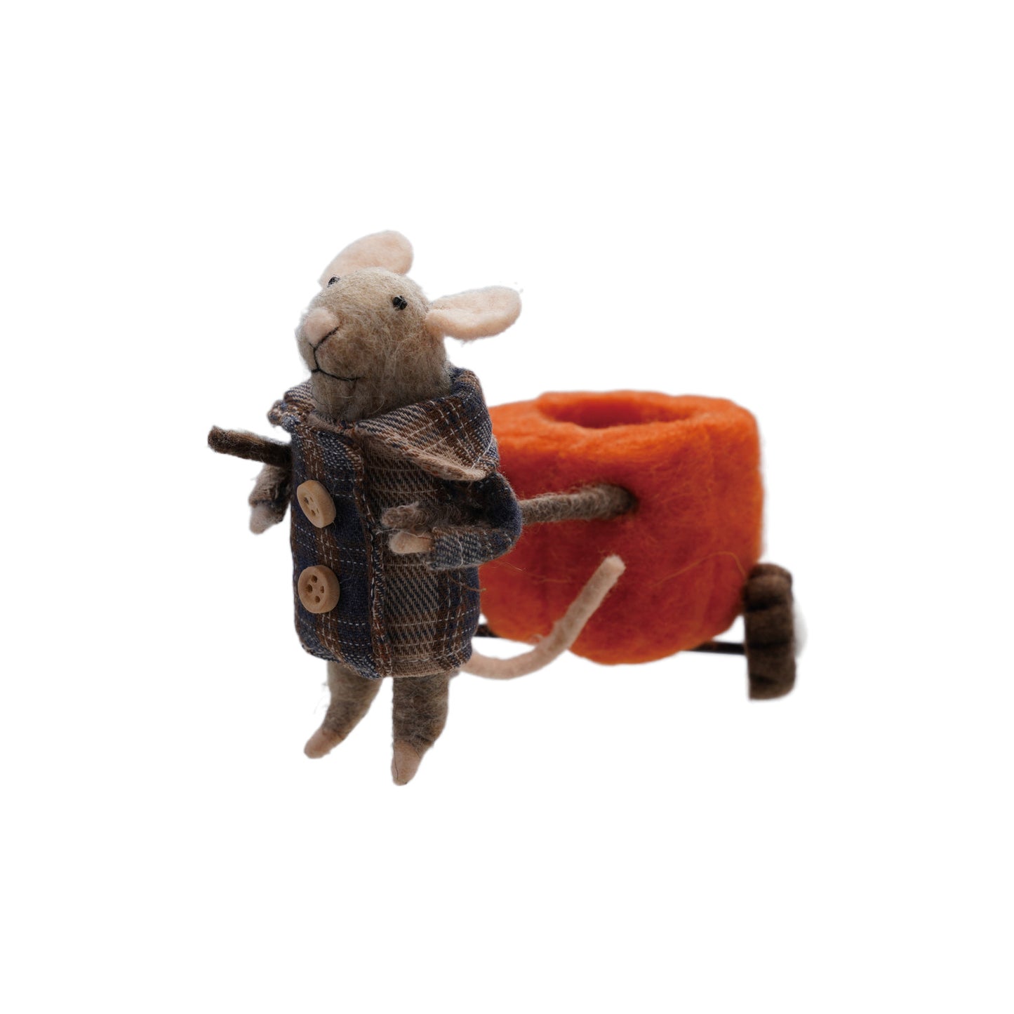 Handmade Wool Felt Mouse In Coat with Pumpkin Wagon, Feathered Farmhouse