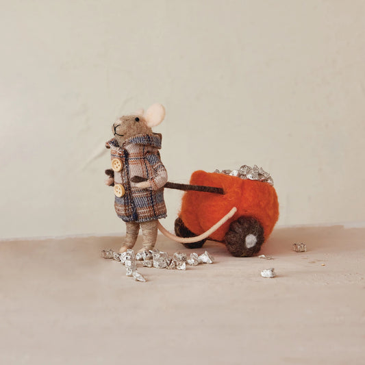 Handmade Wool Felt Mouse In Coat with Pumpkin Wagon, Feathered Farmhouse