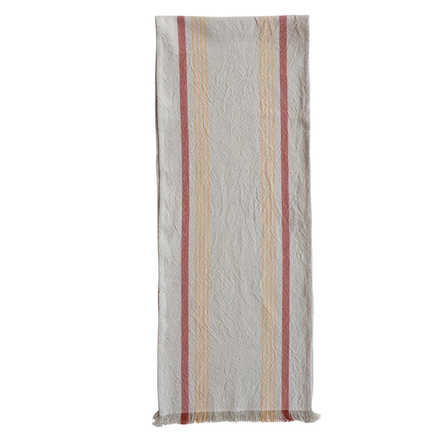 Woven Cotton Striped Table Runner with Eyelash Fringe, Feathered Farmhouse