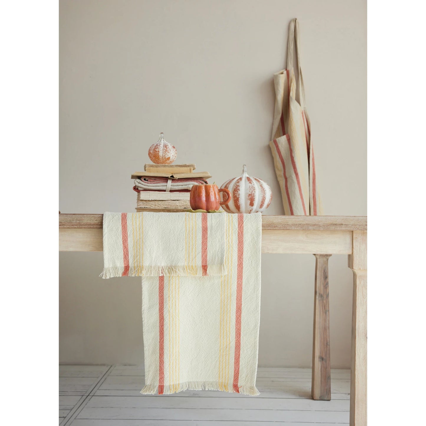 Woven Cotton Striped Table Runner with Eyelash Fringe, Feathered Farmhouse