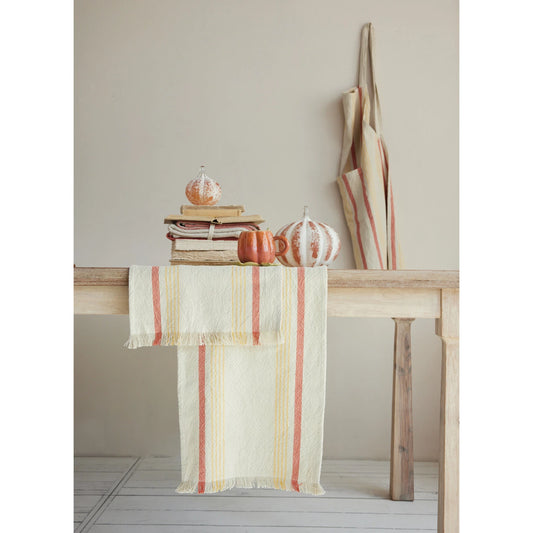 Woven Cotton Striped Table Runner with Eyelash Fringe, Feathered Farmhouse
