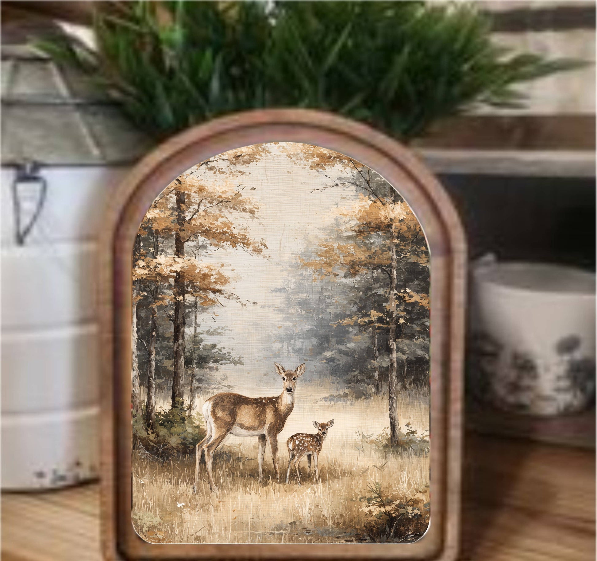 Doe And Fawn Framed Art Arch Top, Feathered Farmhouse