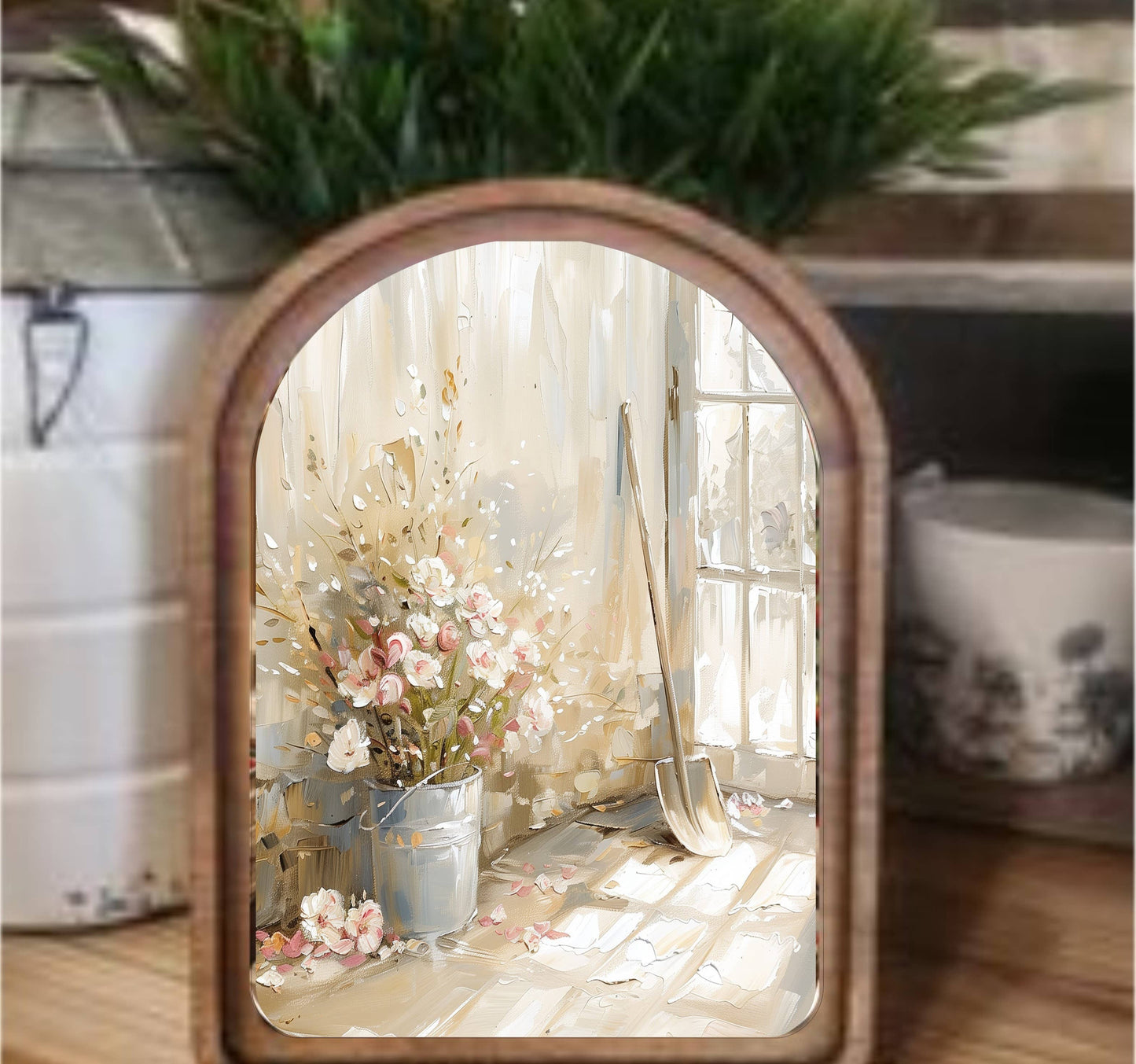 Flower Bucket Framed Art Arch Top, Feathered Farmhouse