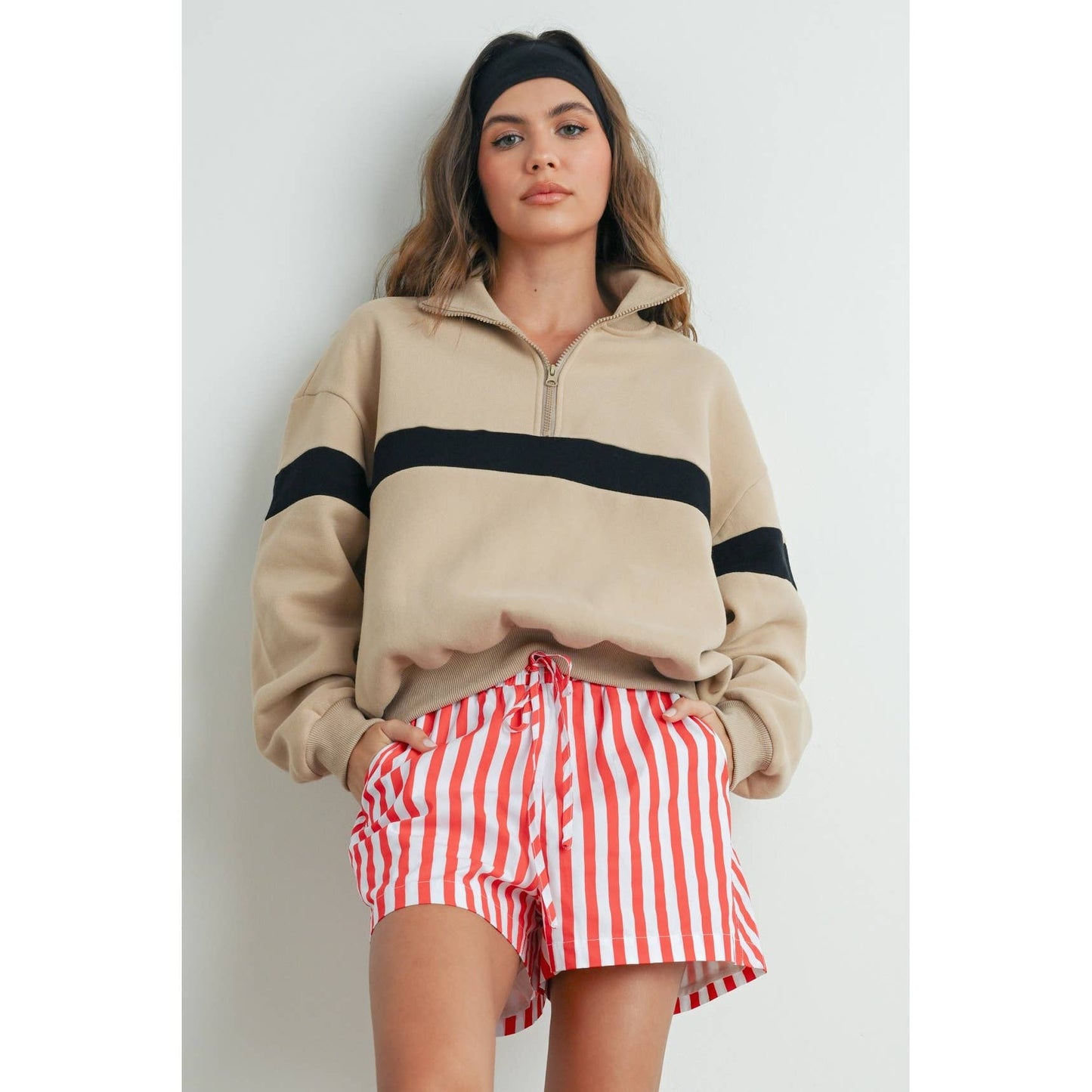 Two-Toned Half Zip Collar Sweatshirt, Feathered Farmhouse