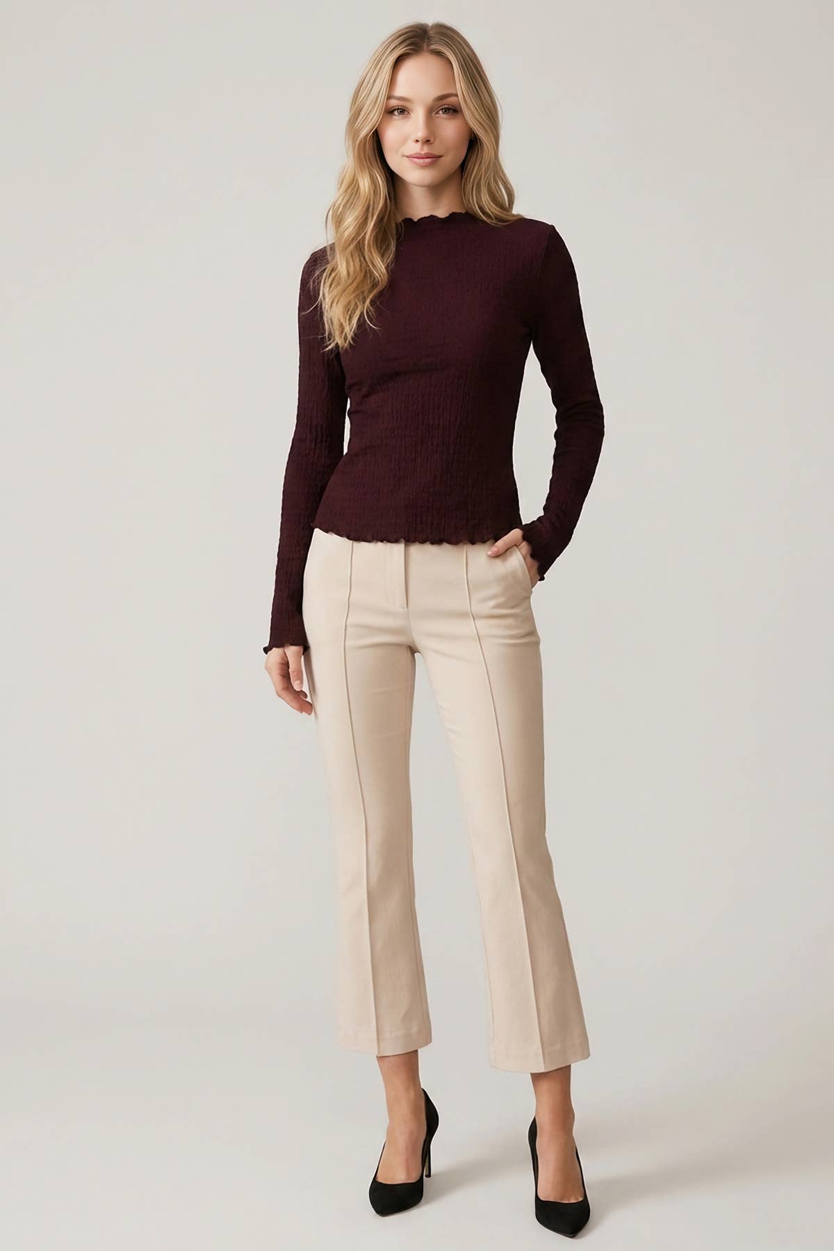 Burgundy Hailey Mock Neck Top, Feathered Farmhouse