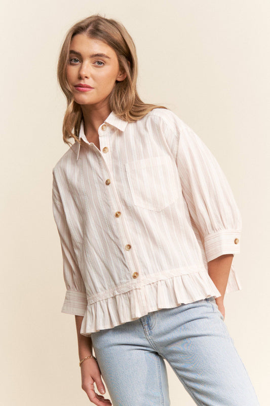 Stripe Jacquard Button Up Pleated Top, Feathered Farmhouse