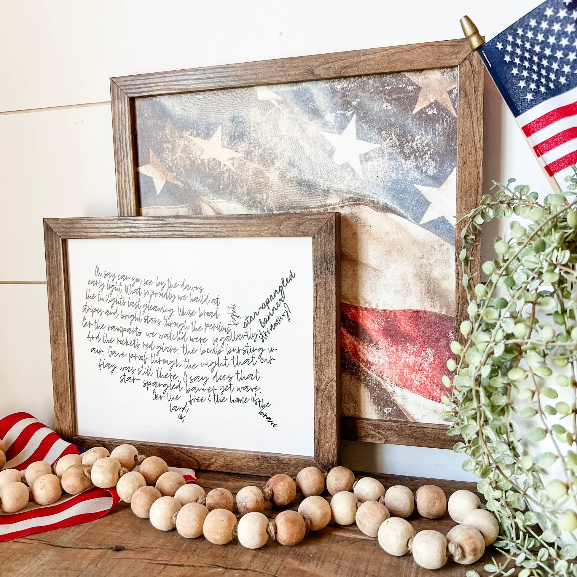 US Shaped Star Spangled Banner Wood Sign, Feathered Farmhouse