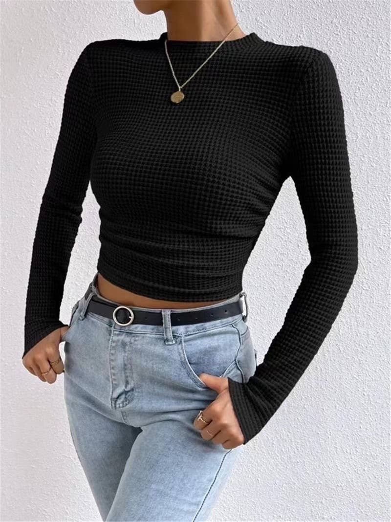 Black Plain Waffle Fitted long Sleeve Top, Feathered Farmhouse
