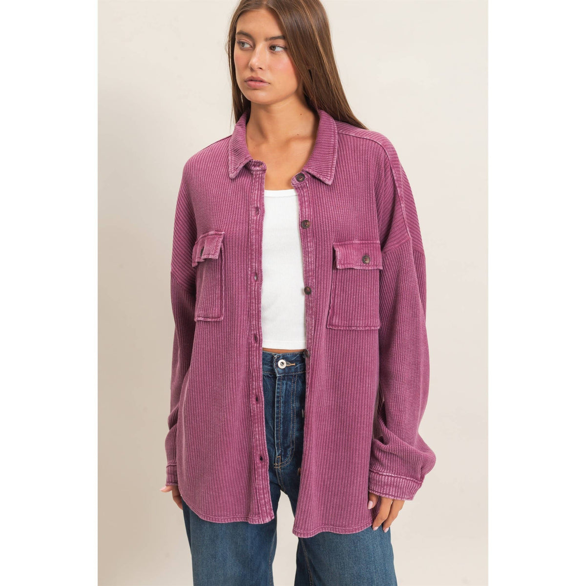 Mineral Wash Waffle Knit Button-Up Shacket, Feathered Farmhouse