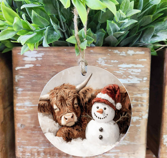Highland Snowman Wood Ornament, Feathered Farmhouse