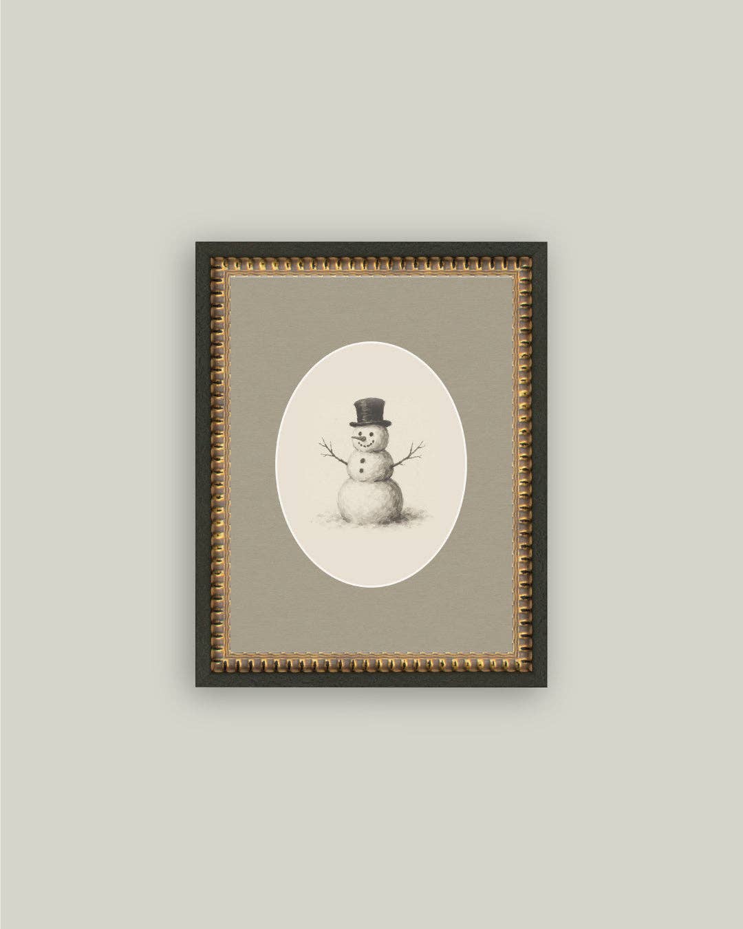 Oval Snowman Framed Antique Art, Feathered Farmhouse