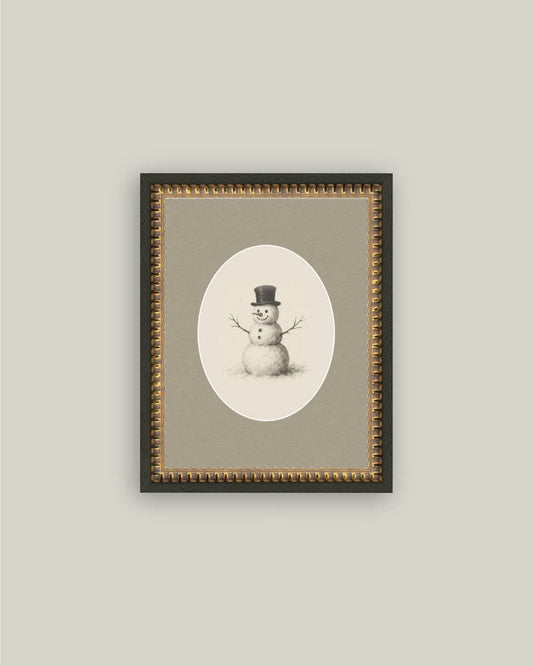 Oval Snowman Framed Antique Art, Feathered Farmhouse