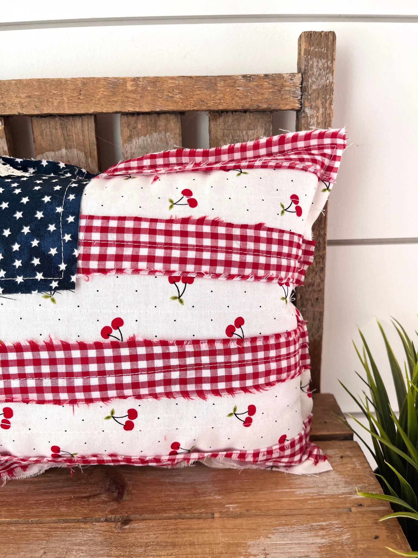 Cherries American Flag Primitive Pillow, Feathered Farmhouse
