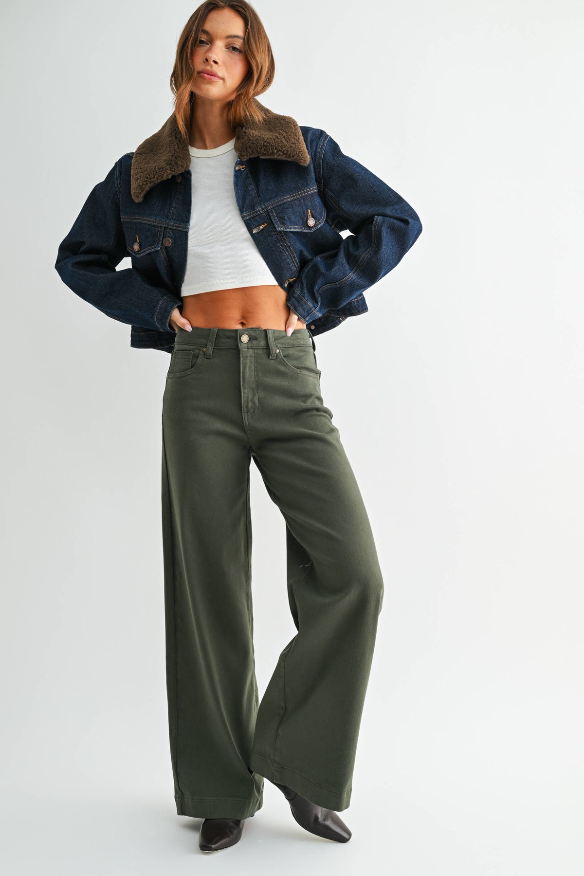 Dark Olive Wide Leg Pants, Feathered Farmhouse