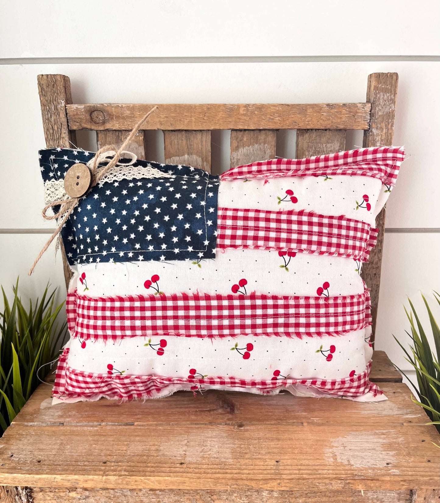 Cherries American Flag Primitive Pillow, Feathered Farmhouse