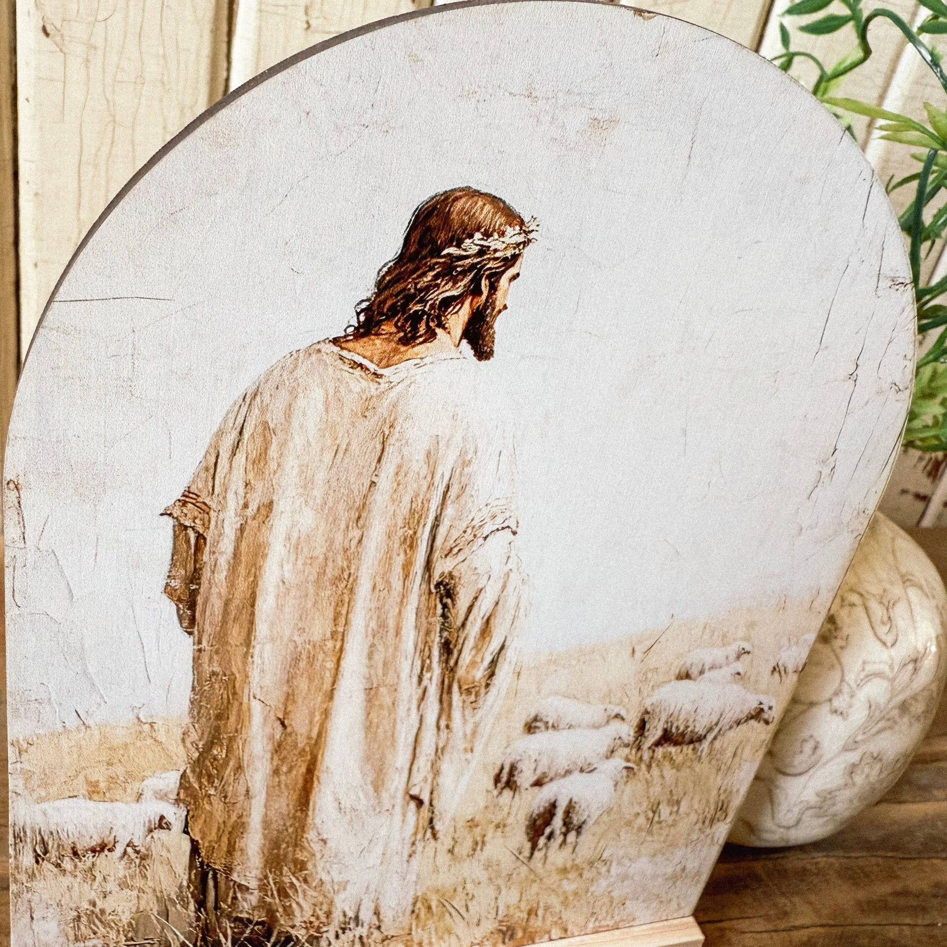 Jesus with Sheep Arched Wood Shelf Sitter, Feathered Farmhouse