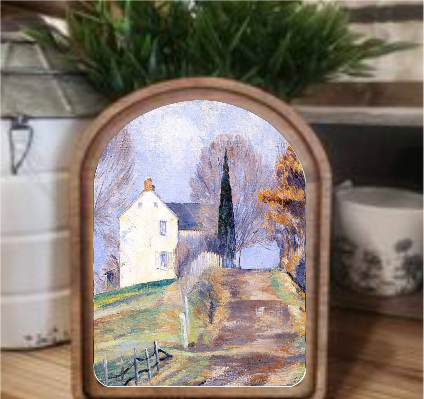 Hilltop House Framed Art Arch Top, Feathered Farmhouse