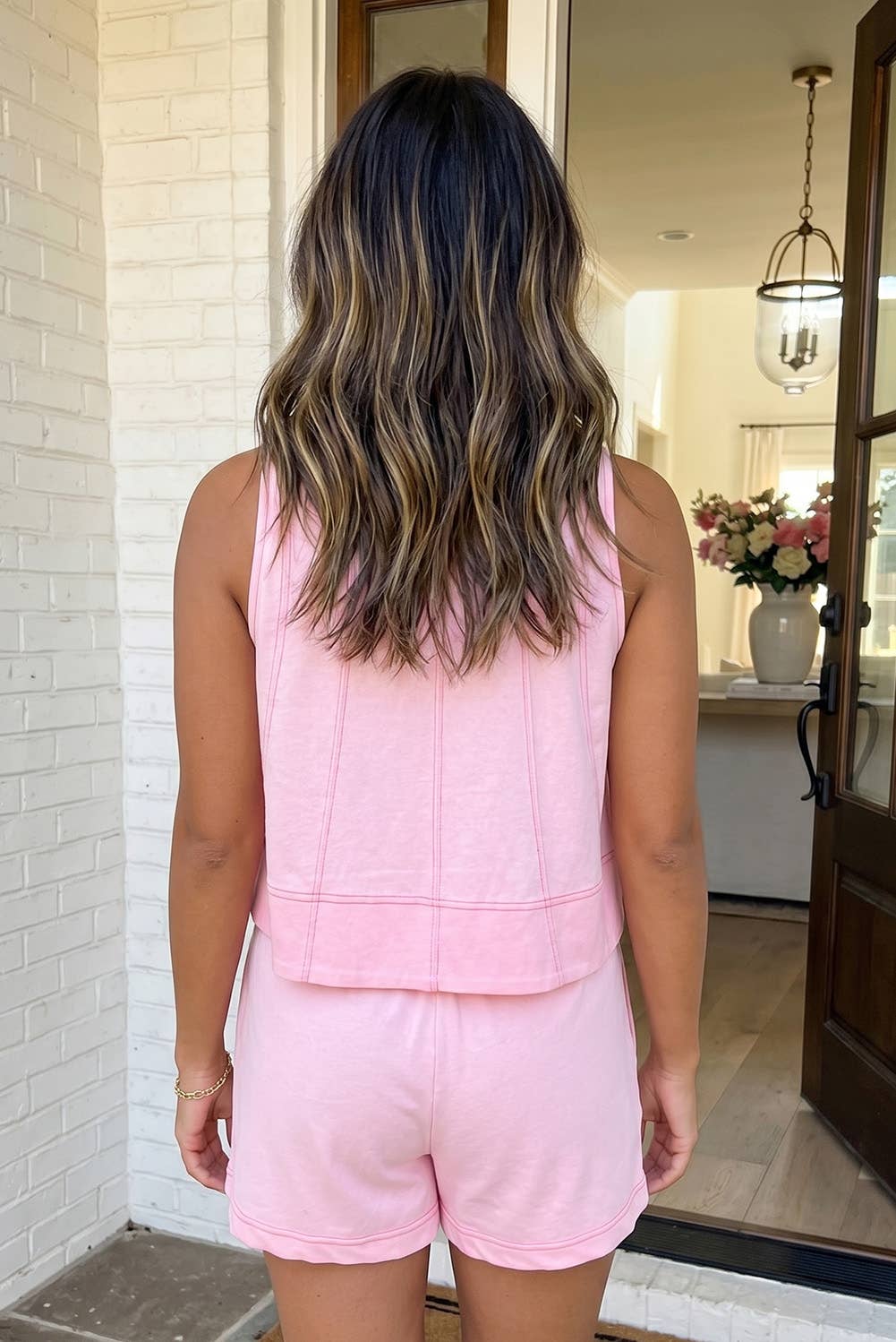 Stitched Detail Loose Tank Top and Shorts, Feathered Farmhouse