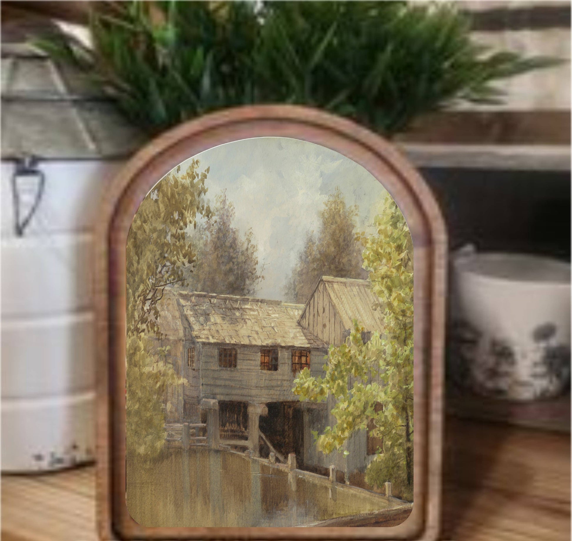 Grist Mill Framed Art Arch Top, Feathered Farmhouse