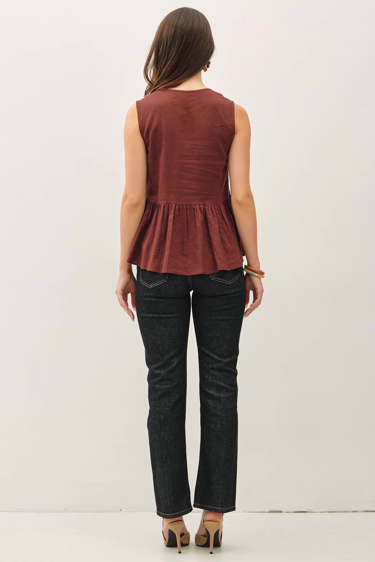Airy Woven Linen Blend Peplum Top, Feathered Farmhouse