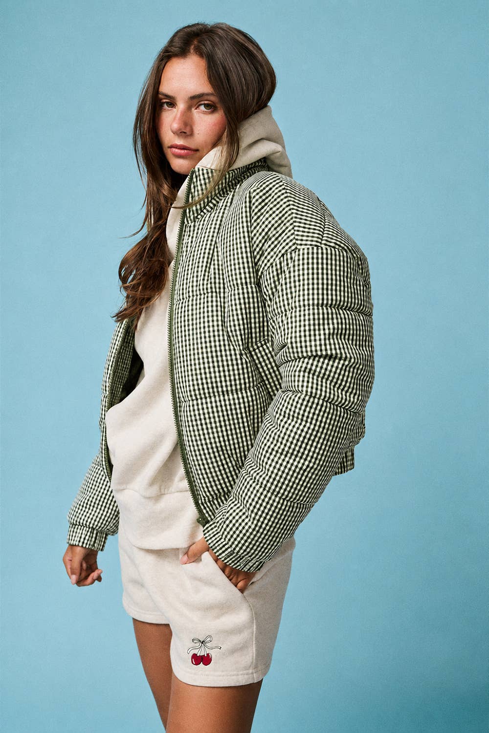 Gingham Zip Up Puffer Jacket, Feathered Farmhouse